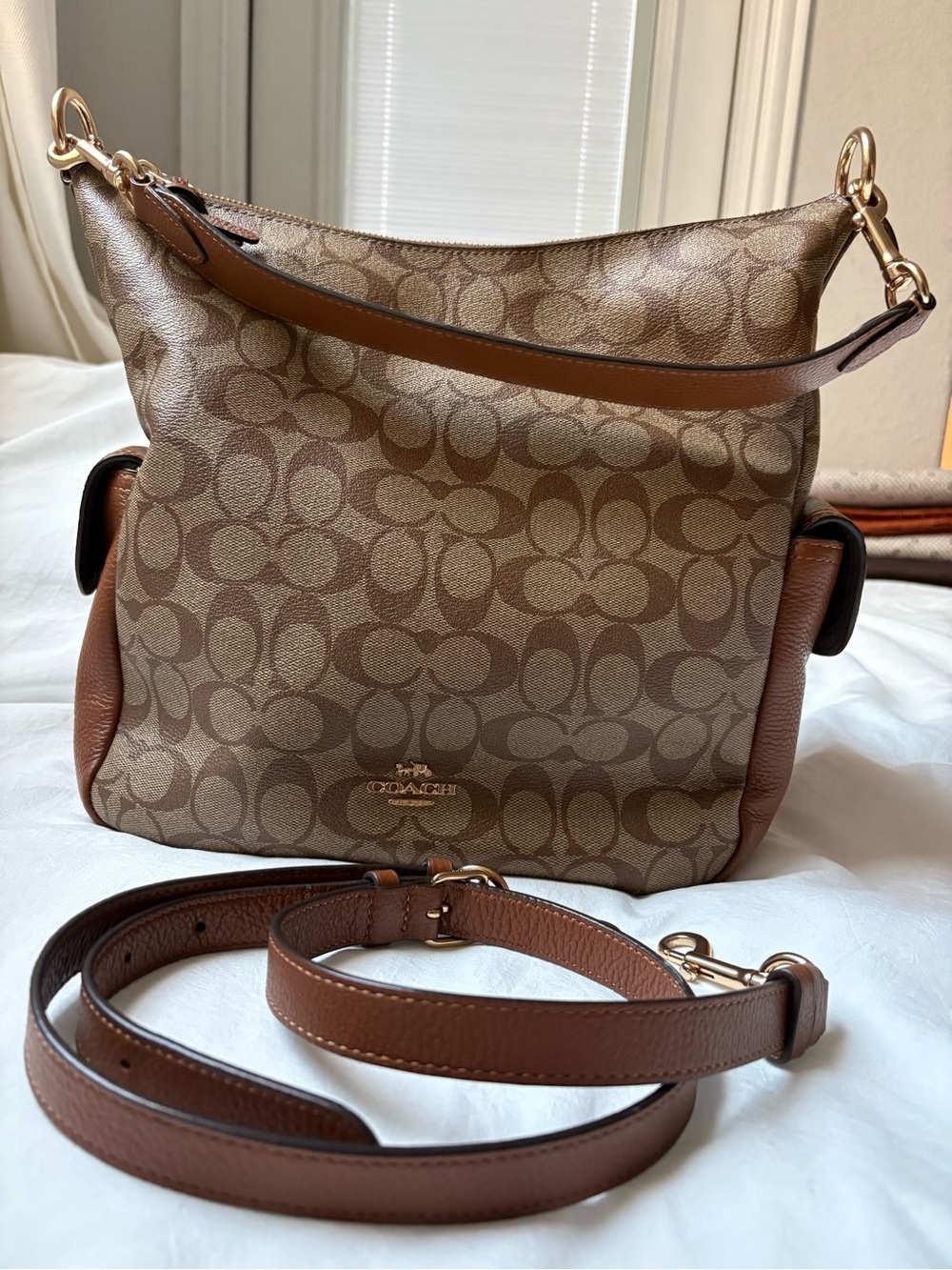 Coach Bag with wallet - Brown Signature Canvas Shoulder Bag with Leather Trim